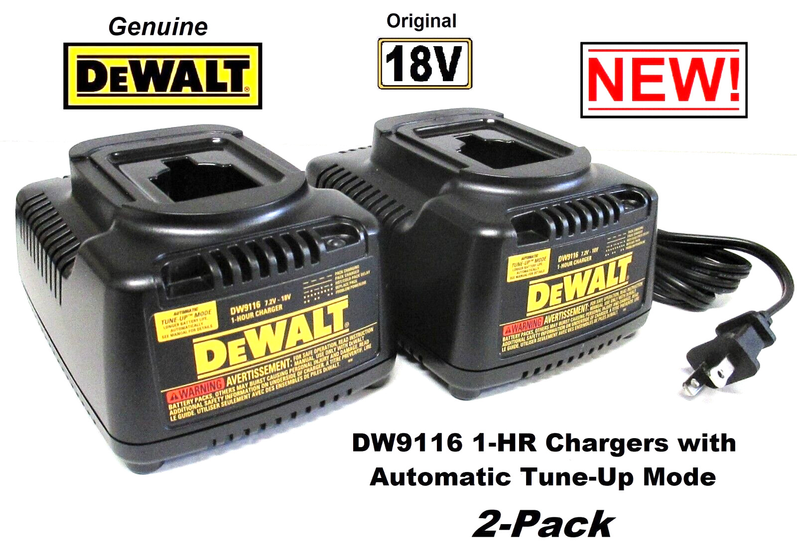 Genuine DEWALT DW9116 18V Volt 1-Hr CHARGER 7.2V-18V w/Automatic Tune-Up 2-Pack