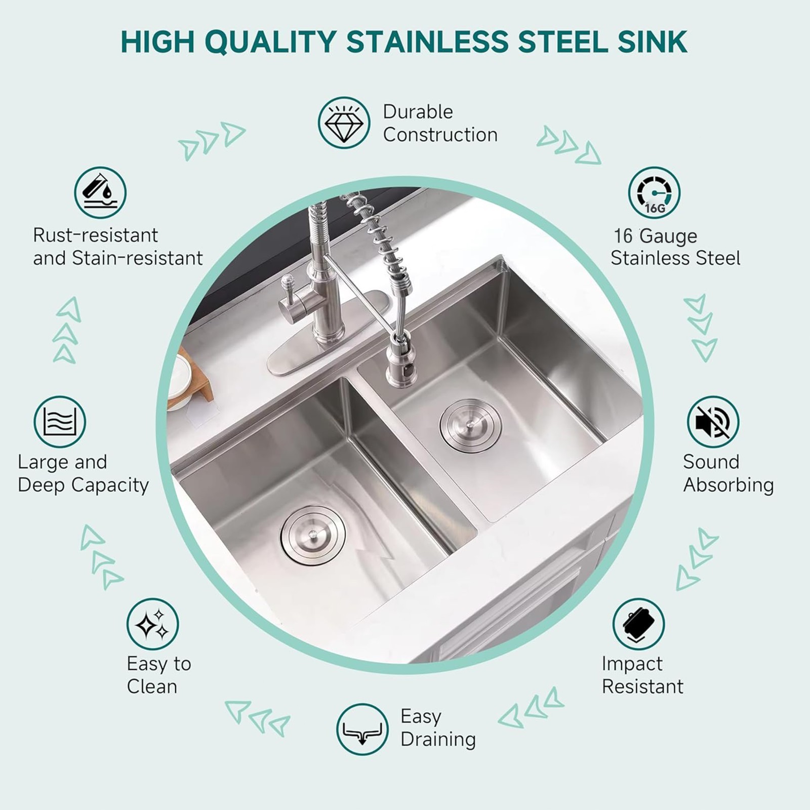 32″ Undermount Double Bowl Kitchen Sink Stainless Steel Sink with Accessories