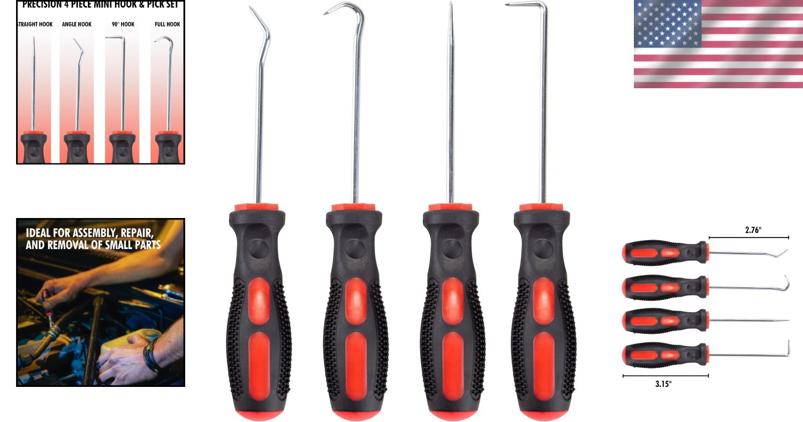 Alloy Steel 4 Piece Pick and Hook Set for Efficient Auto and Home Repairs