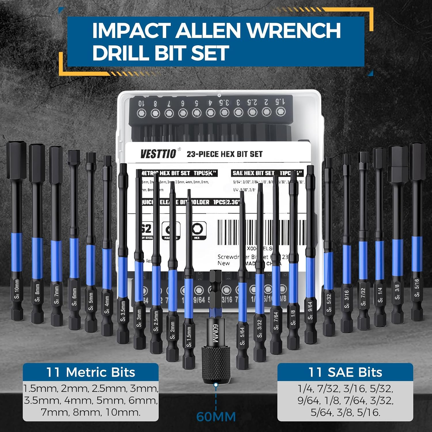 23PCS 4 Inch Hex Bit Set, Metric & SAE Allen Wrench Drill Bit Set, 1/4″ Hex Shan