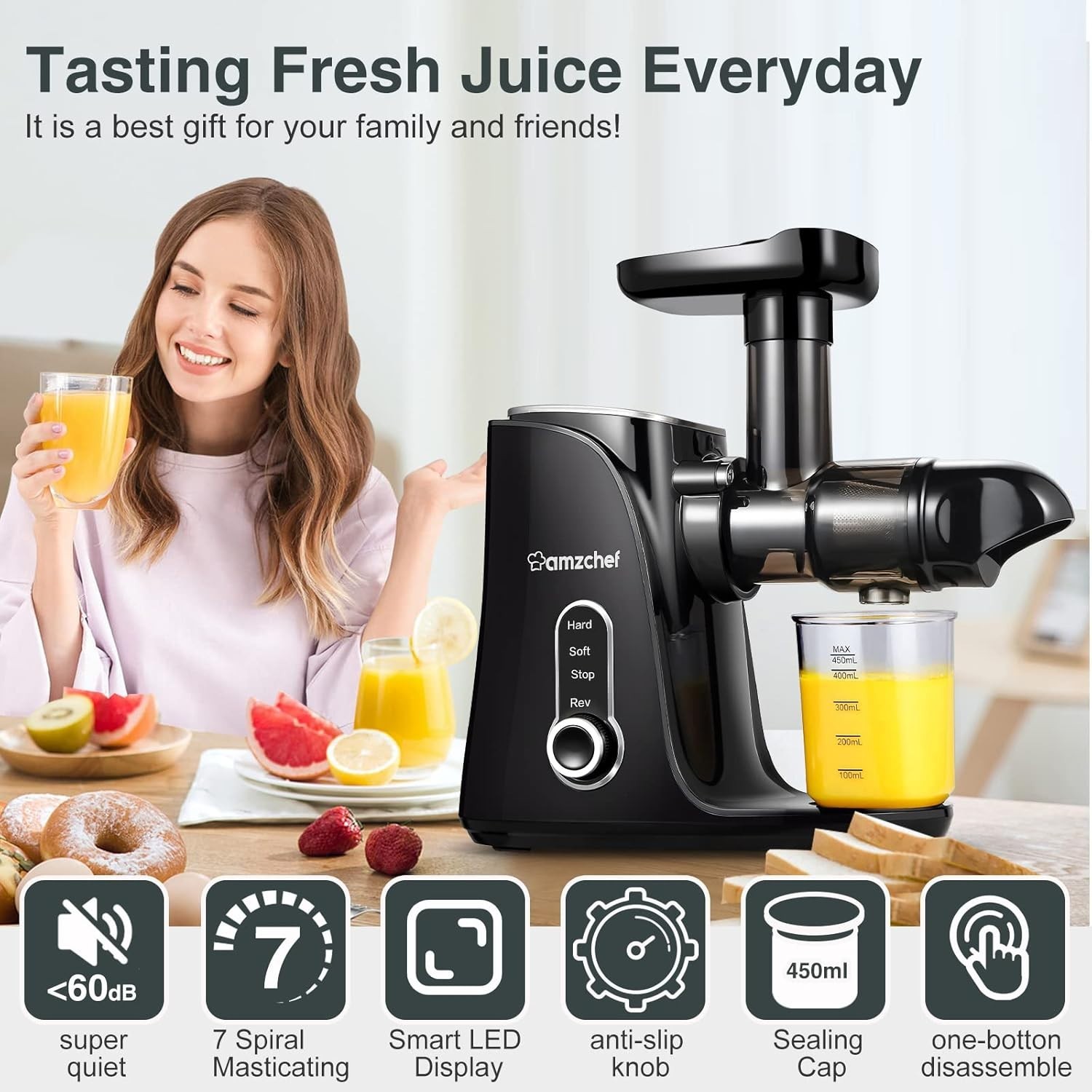 Juicer Machines,AMZCHEF Slow Cold Press Juicer with 2 Speed Modes,Travel bottles