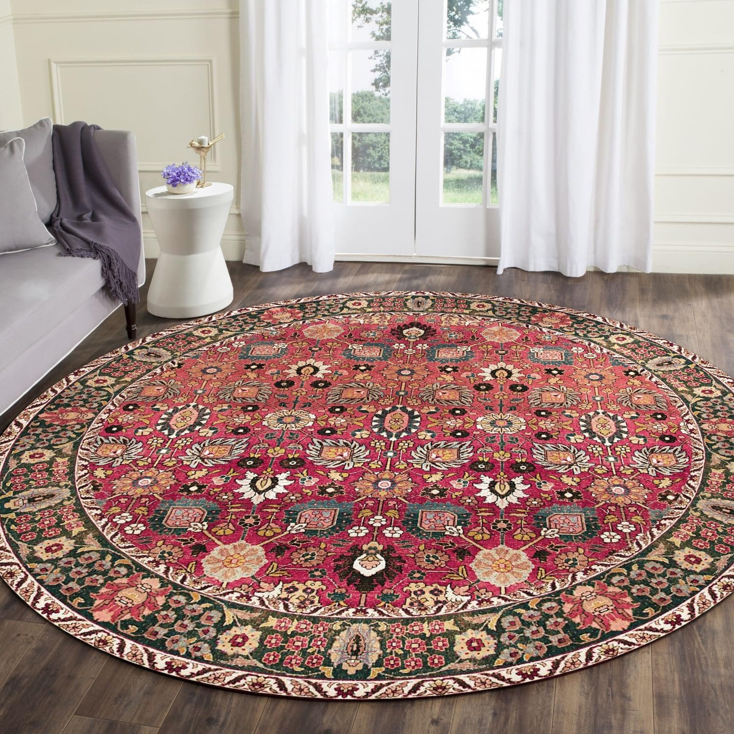 5Ft Round Vintage Area Rug Non Slip Washable Cherry Red Circle Carpet