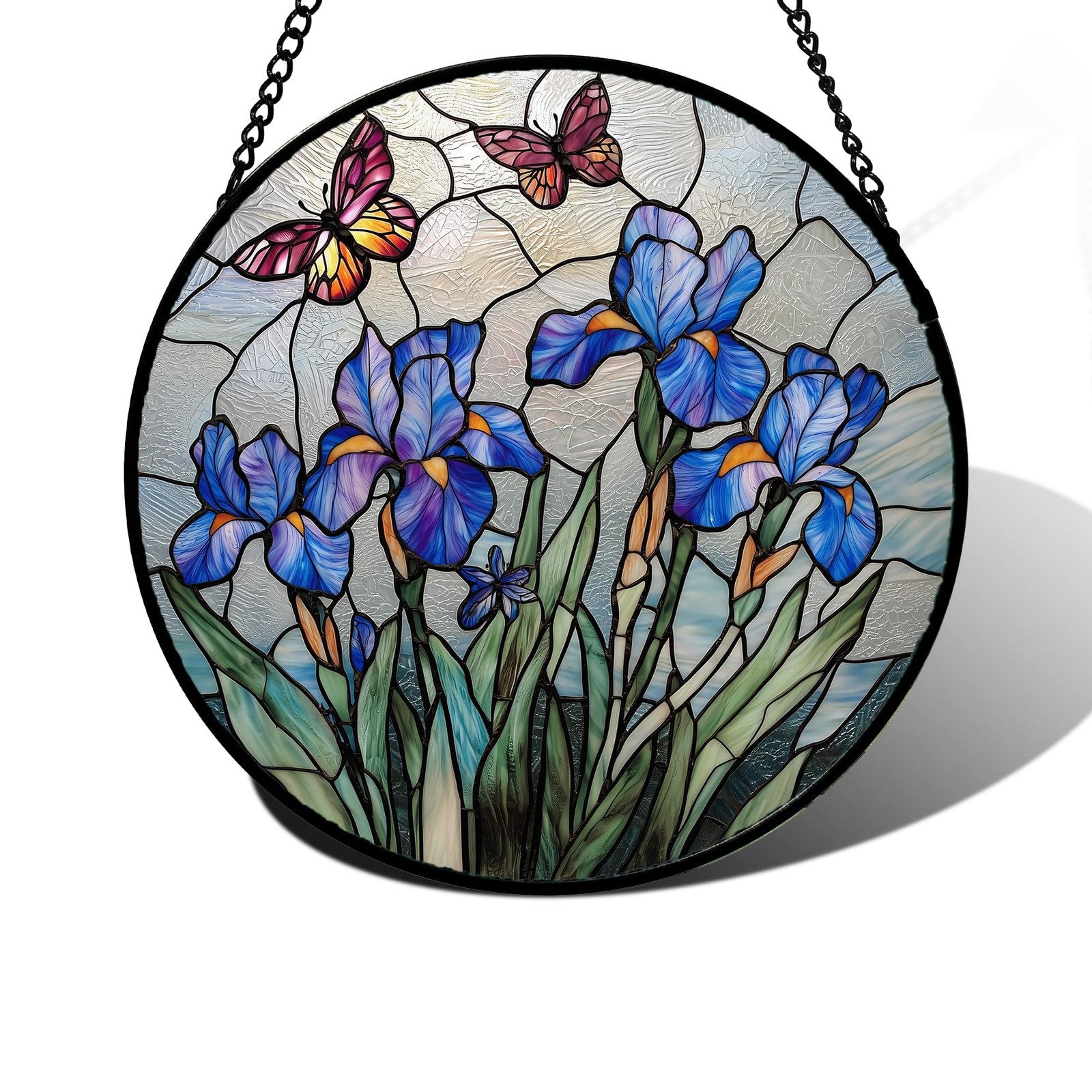 Blue Iris Butterfly Stained Glass Suncatcher Panel, 9.8 in Decorative Art