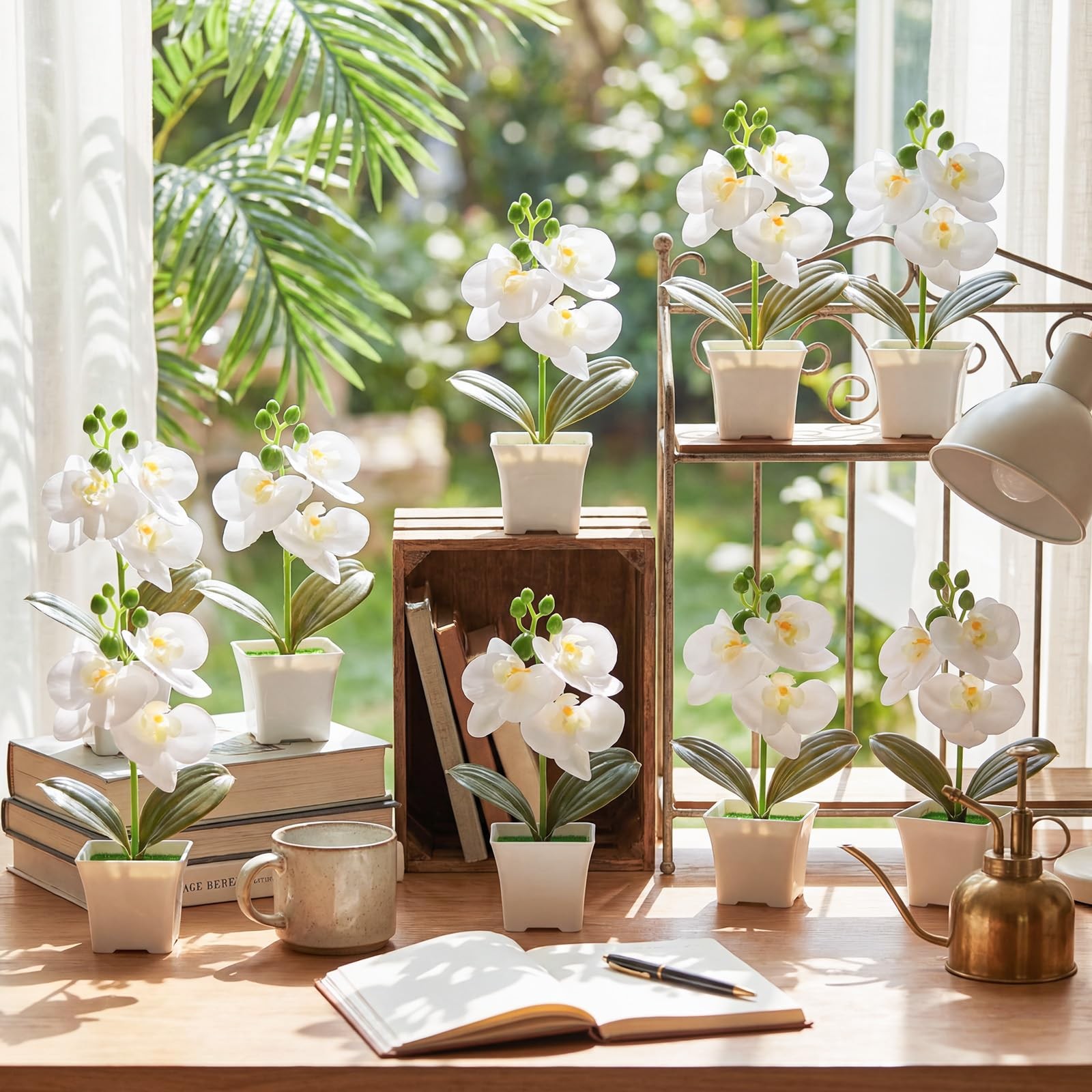 10 PCS 7.48 Inch Artificial White Orchid Potted Flowers Table Centerpiece Pot