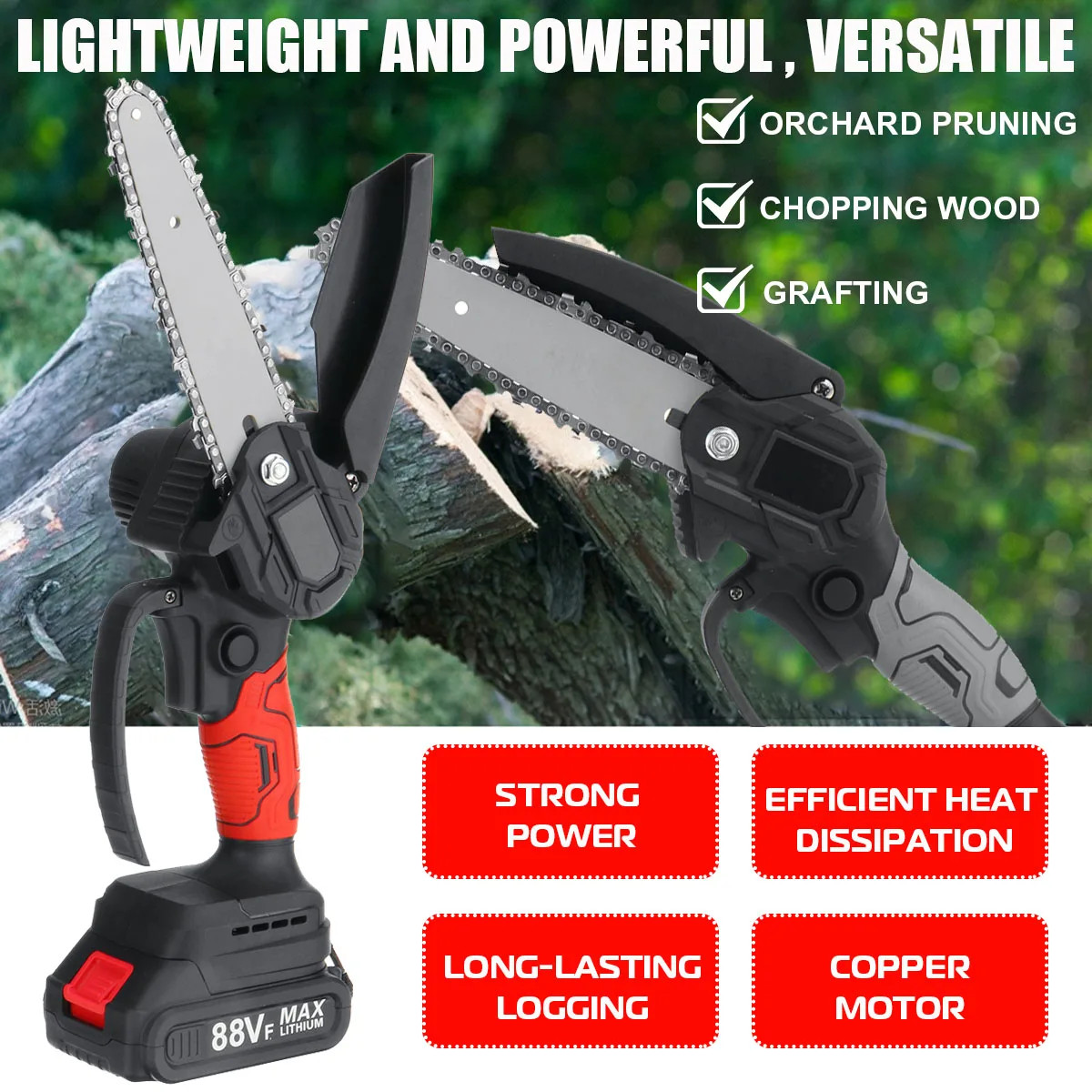 Portable Mini Chainsaw 6-Inch, Cordless Electric Saw, 2 Rechargeable Batteries