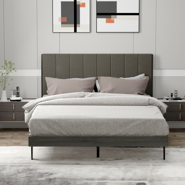 Queen Size Bed Frame Tufted Upholstered Headboard Bedroom W/ Solid Wooden Slat