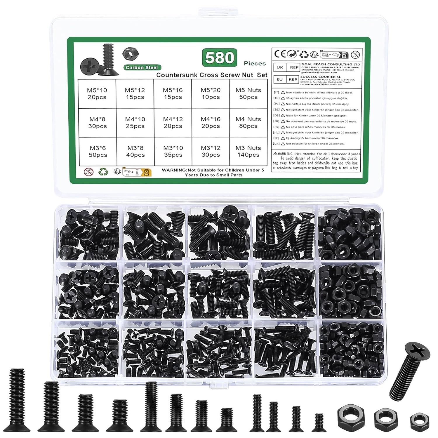 M1.4 M1.7 M2 M3 M4 M5 Phillips Flat Head Screws Bolts Nuts Washer Assortment kit