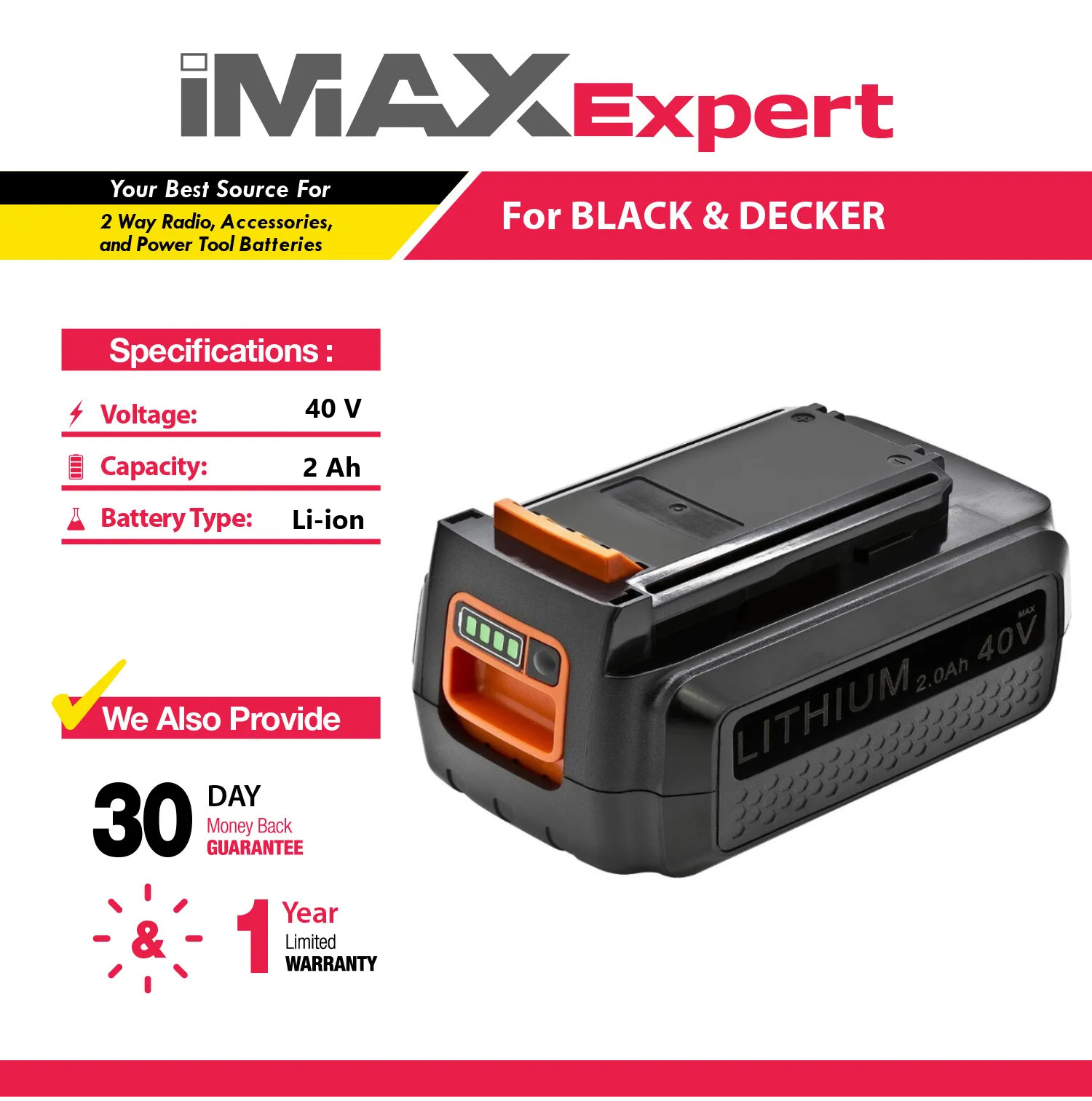 40V 2Ah Li-ion Battery for Black & Decker LBX2040, LBXR36, LBXR36-2, LBX36
