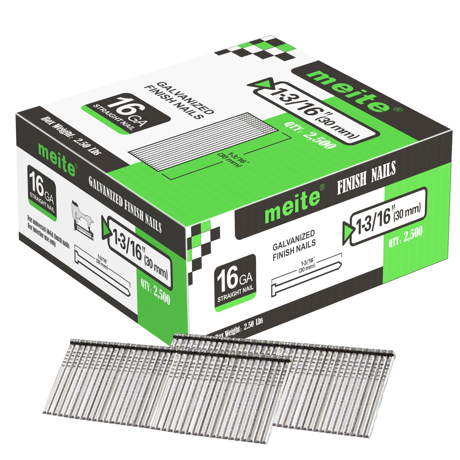 2,500 pcs meite 16 Gauge Finish Brad Nails 7/8″ to 2-1/2″ Galvanized (T Series)