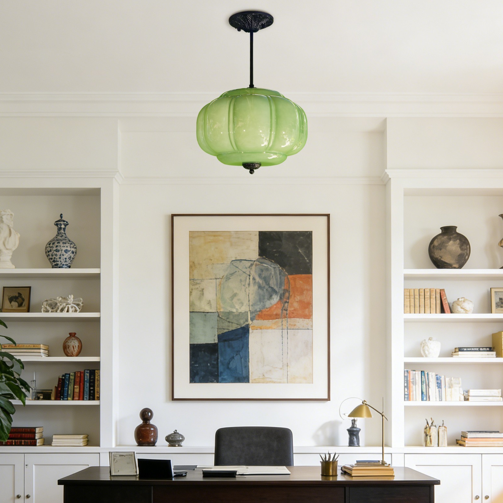 14’Simple Green Pumpkin Shaped Pendant Light,Living Room/dining Room Glass Light
