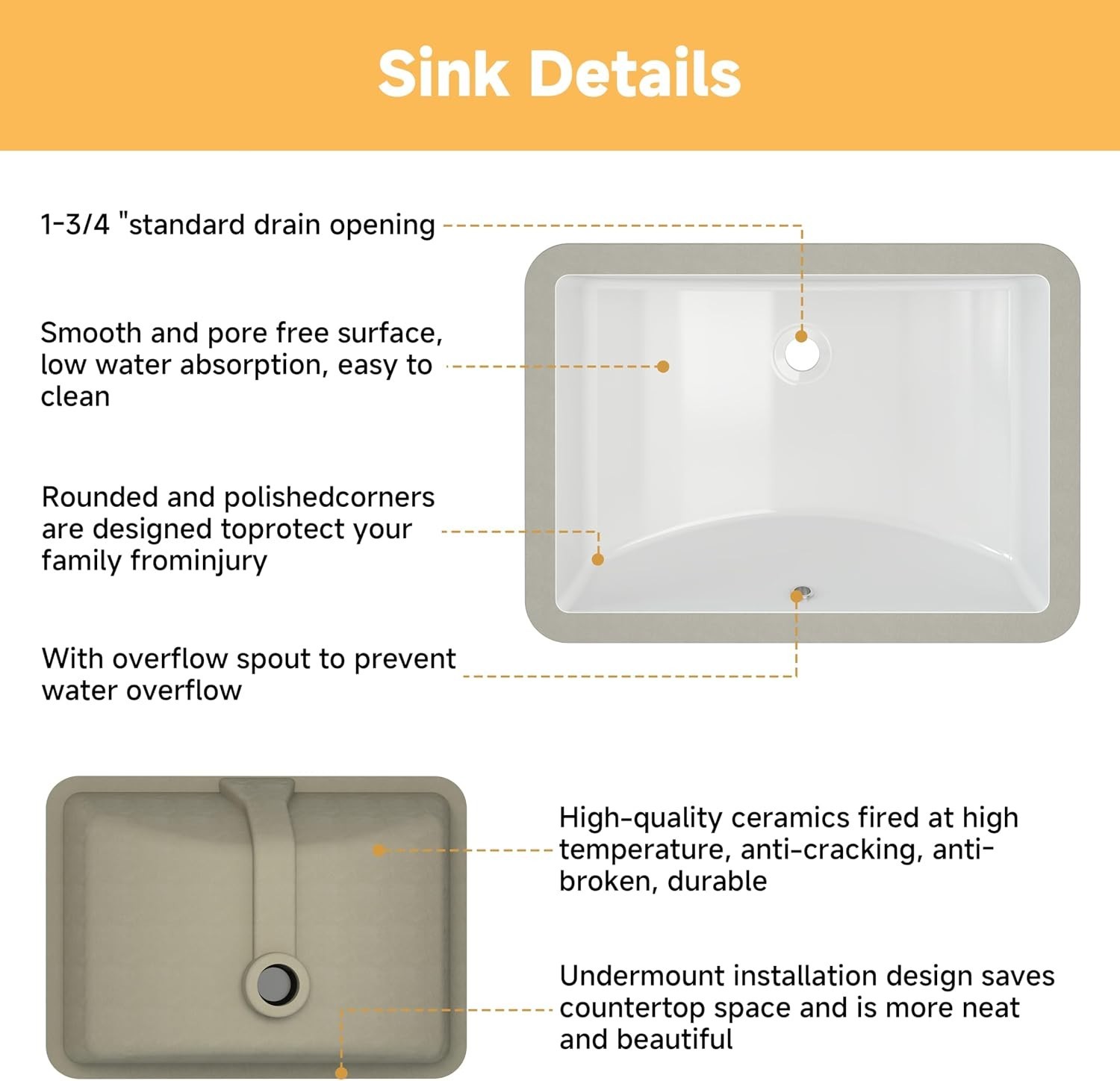 Rectangle Undermount Bathroom Sink, 20” x 14” White Ceramic Under Mount Sink