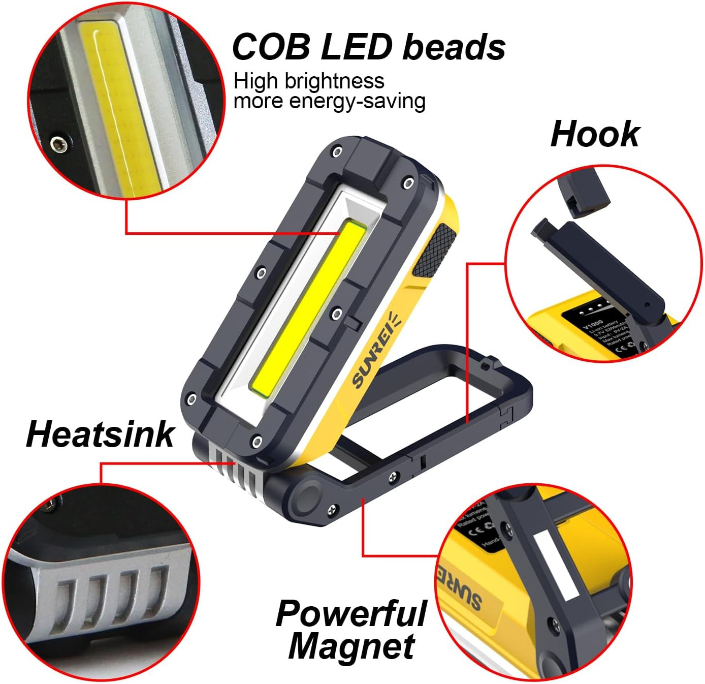 LED Rechargeable Magnetic Work Lights COB Mechanic Lights,1200 Lumens, Magnetic