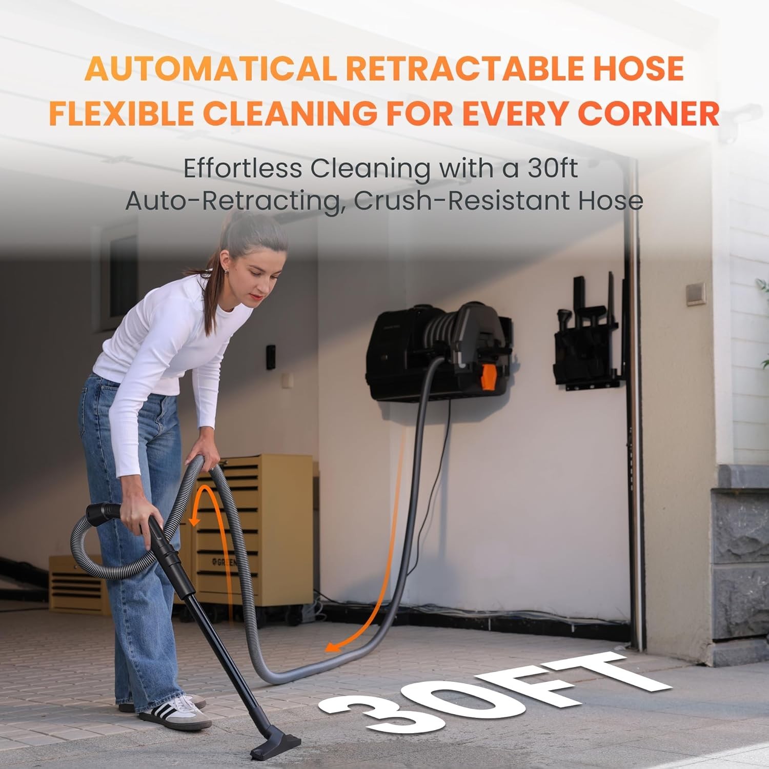 Giraffe Tools Wet Dry Vacuum Cleaner with 30FT Retractable Hose Wall mount 1200W