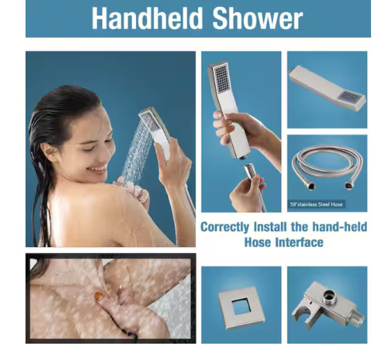 MTTCLE 1 Spray Square High Pressure Wall Bar Shower Kits w/Valve Brushed Nickel