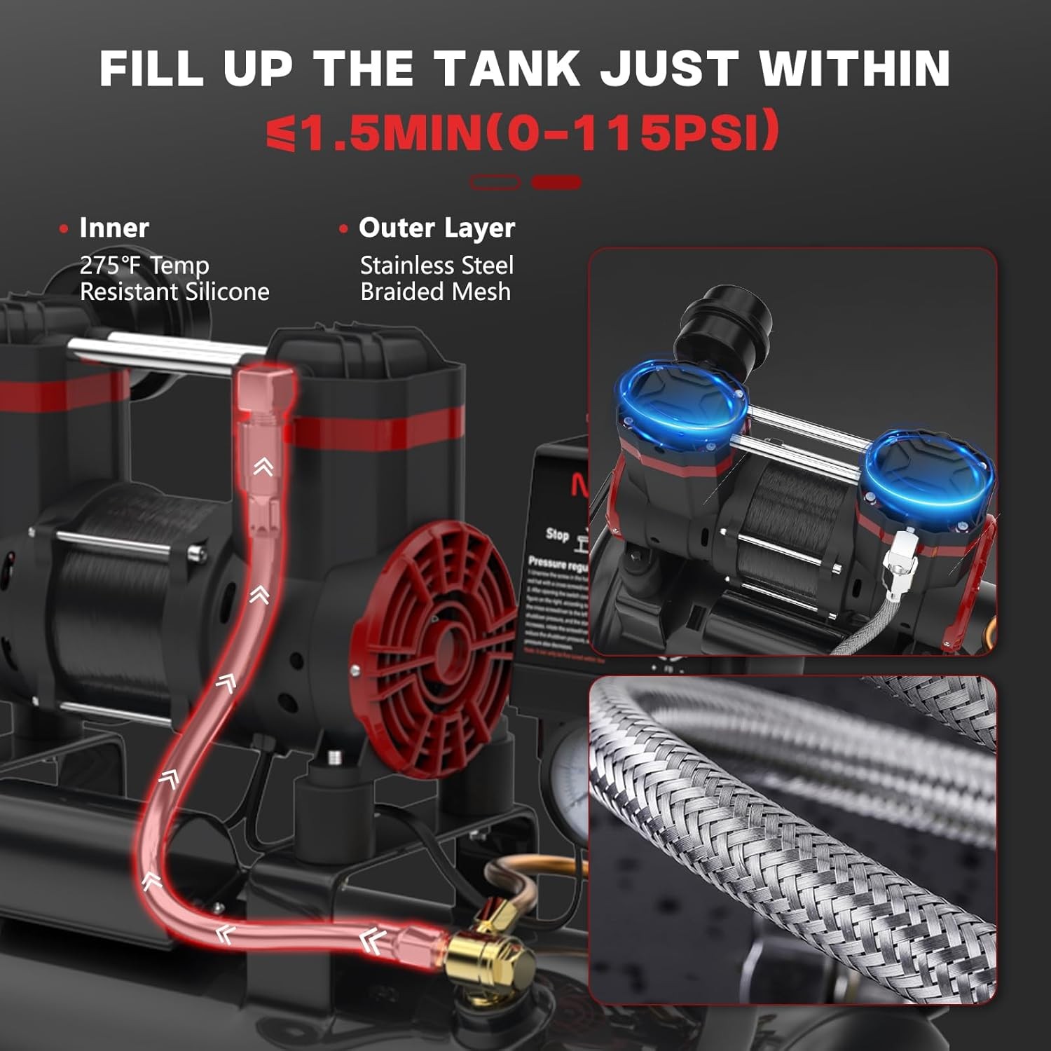 8 Gallon Quiet Air Compressor 115 PSI Oil Free 70dB