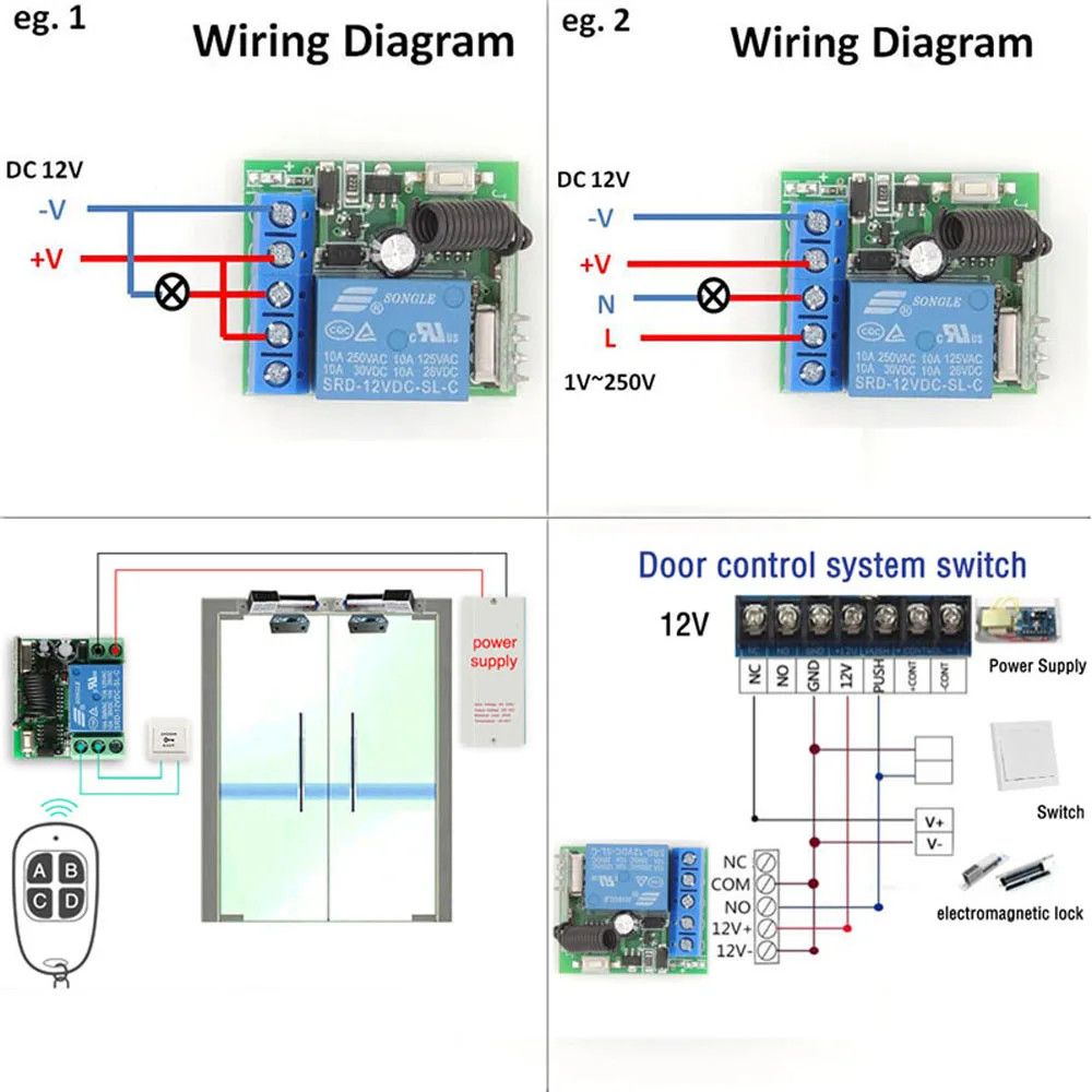 433MHz Wireless Remote Switch DC 12V 1CH RF Relay & 2CH Transmitter Door Lock