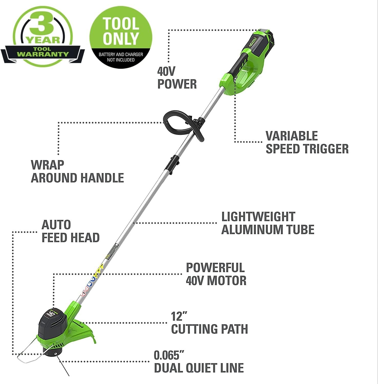 40V 12-Inch Cordless String Trimmer, Battery and Charger Not Included,