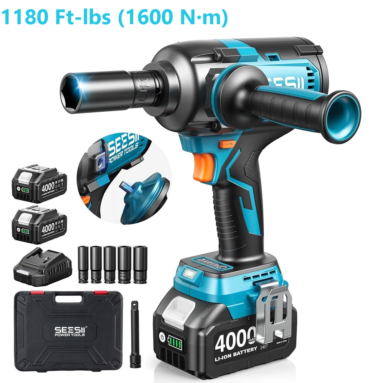 SEESII 1/2″ Impact Wrench Cordless 1180 Ft-lb Auxiliary Handle 2X4000MAH 2300RPM
