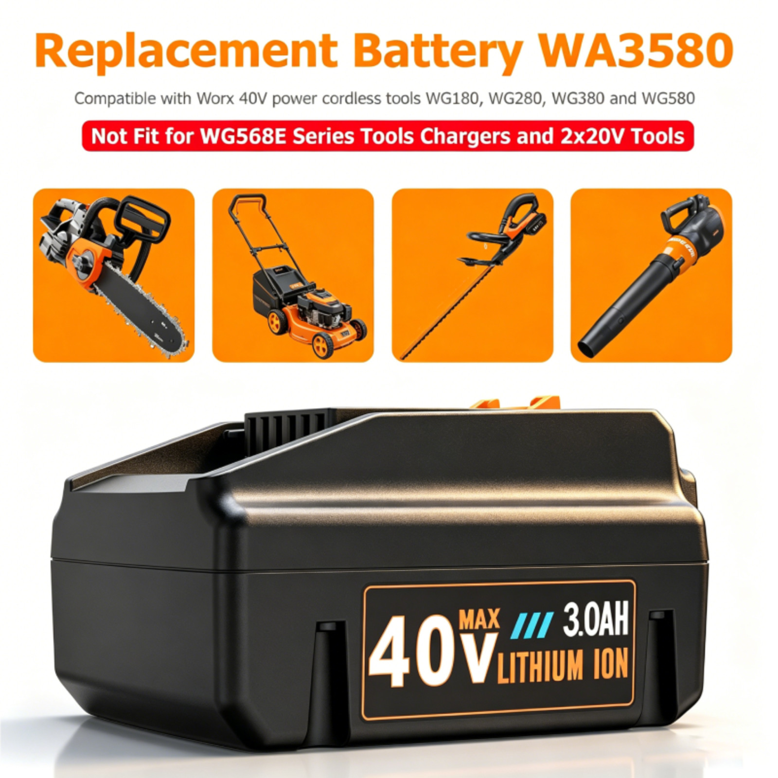 2Pack For WORX 40V MAX Extend Lithium Battery 40 Volt WA3580 WA3747 WA3877 WG580