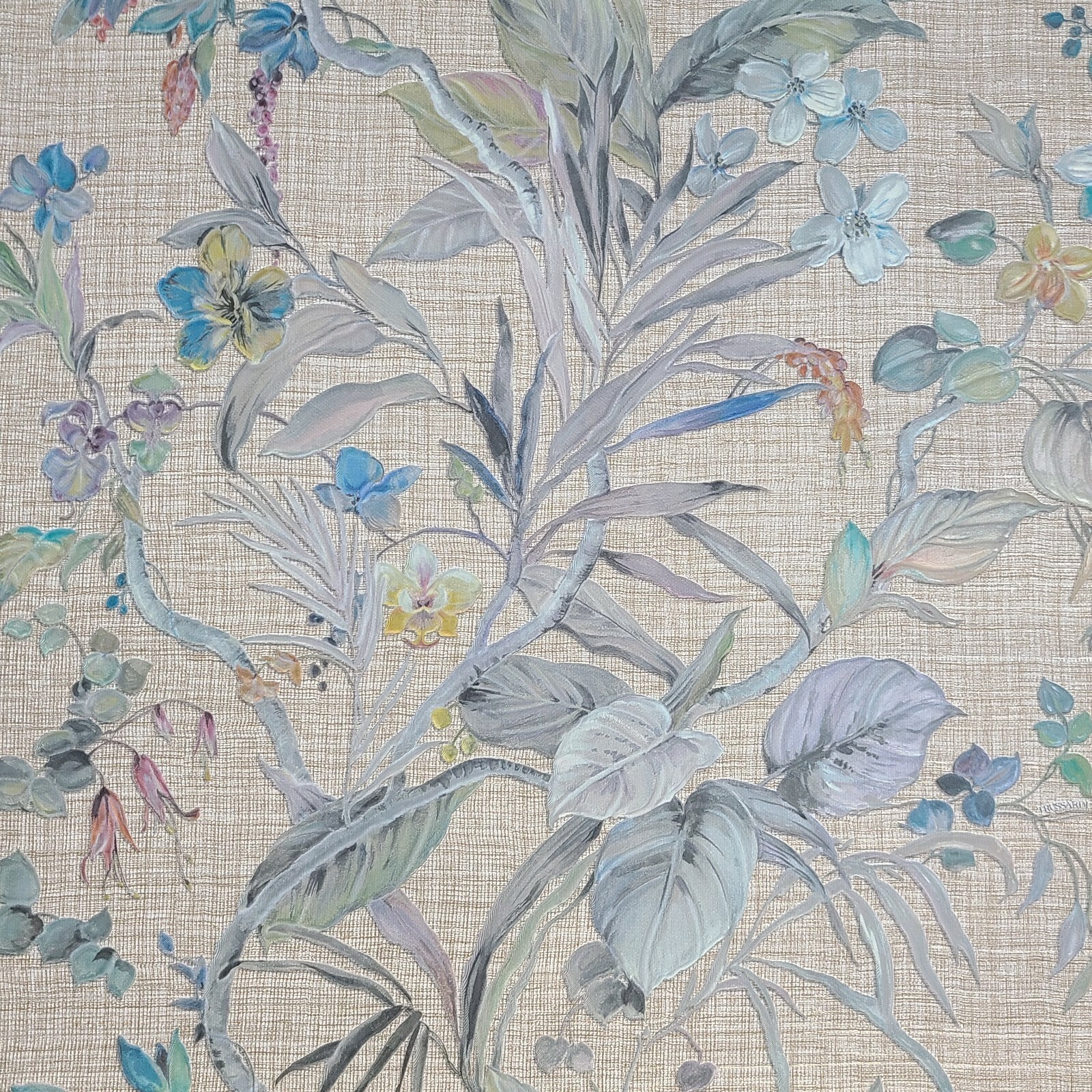Floral plants Brown green blue metallic faux woven fabric textured wallpaper 3D