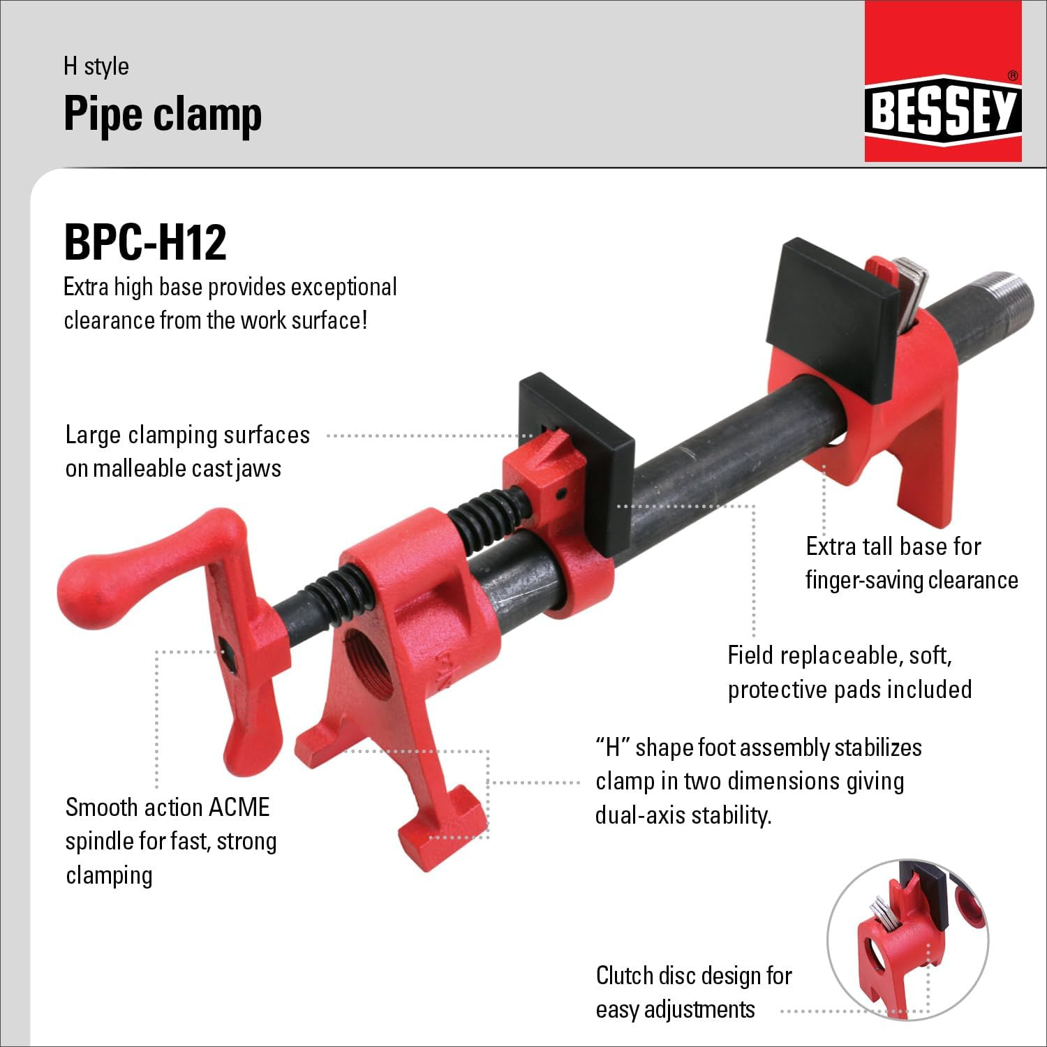 BESSEY BPC-H12, 1/2 In. H Style Pipe Clamps – Incredibly Versatile, Easy to Asse