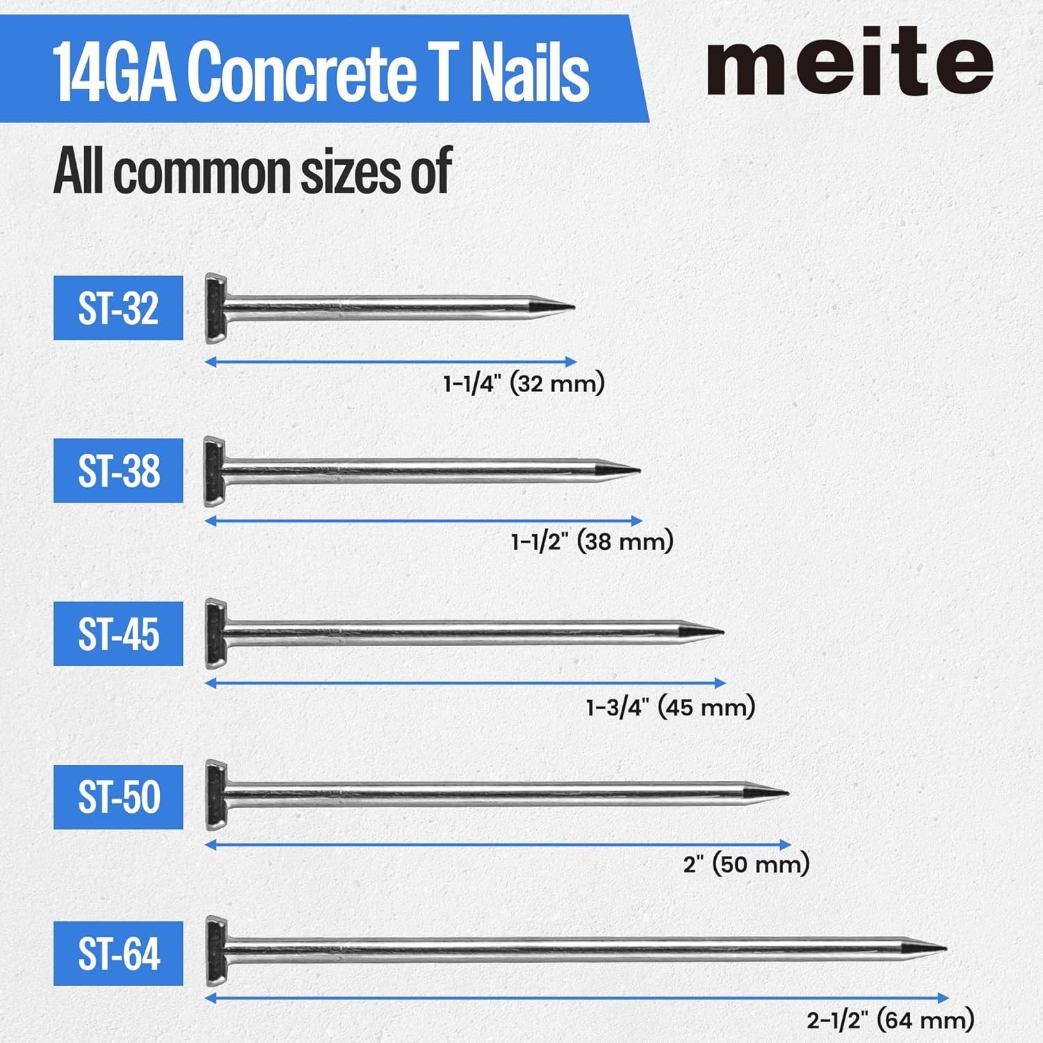 meite 14 Gauge Concrete T Nails 1-1/2″ (38 mm) Length Galvanized Glue Collated