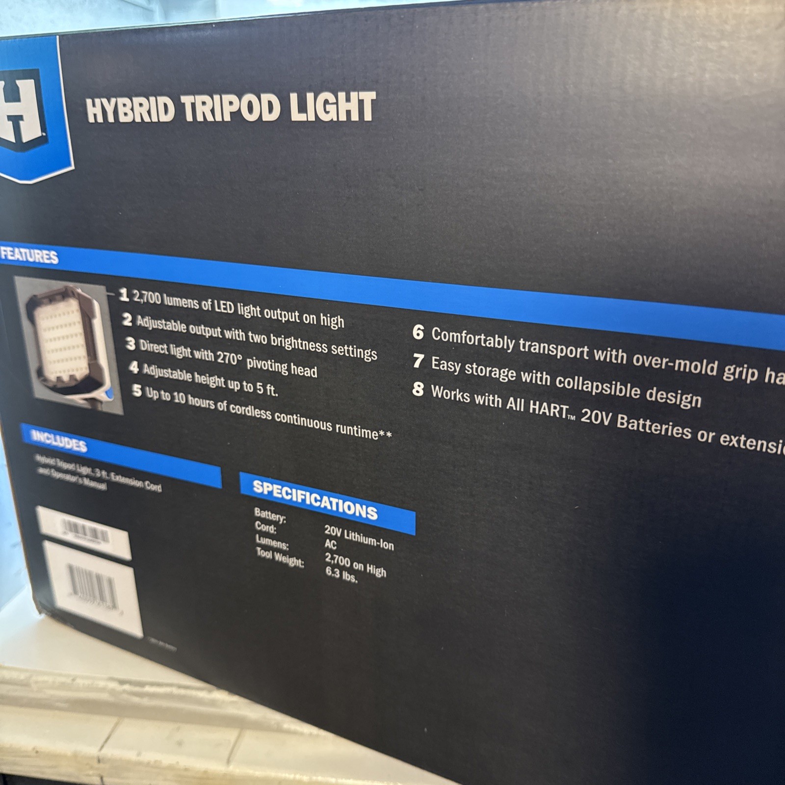 Hart New Hybrid 20v Cordless Tripod LED Work Light 2,700 Lumens 5 ft Tool