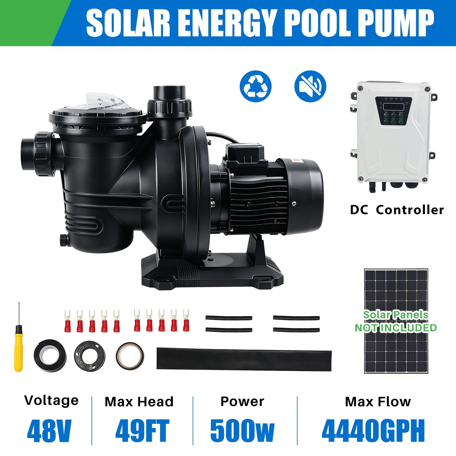 500W Solar Pump kit Inground Pool Pump DC 48V Brushless Motor 74GPM 49ft Hmax