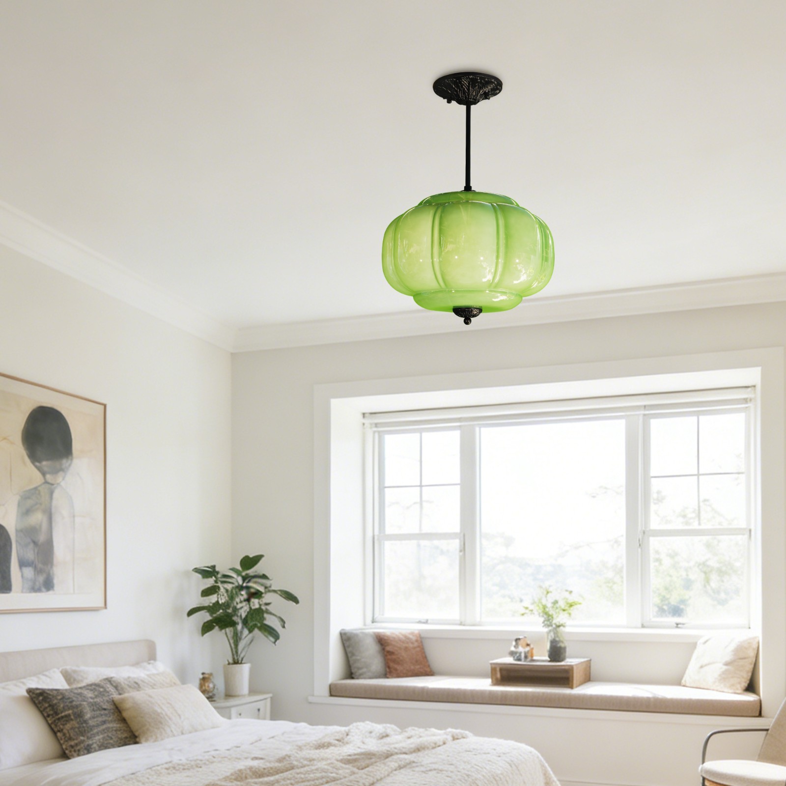 14’Simple Green Pumpkin Shaped Pendant Light,Living Room/dining Room Glass Light