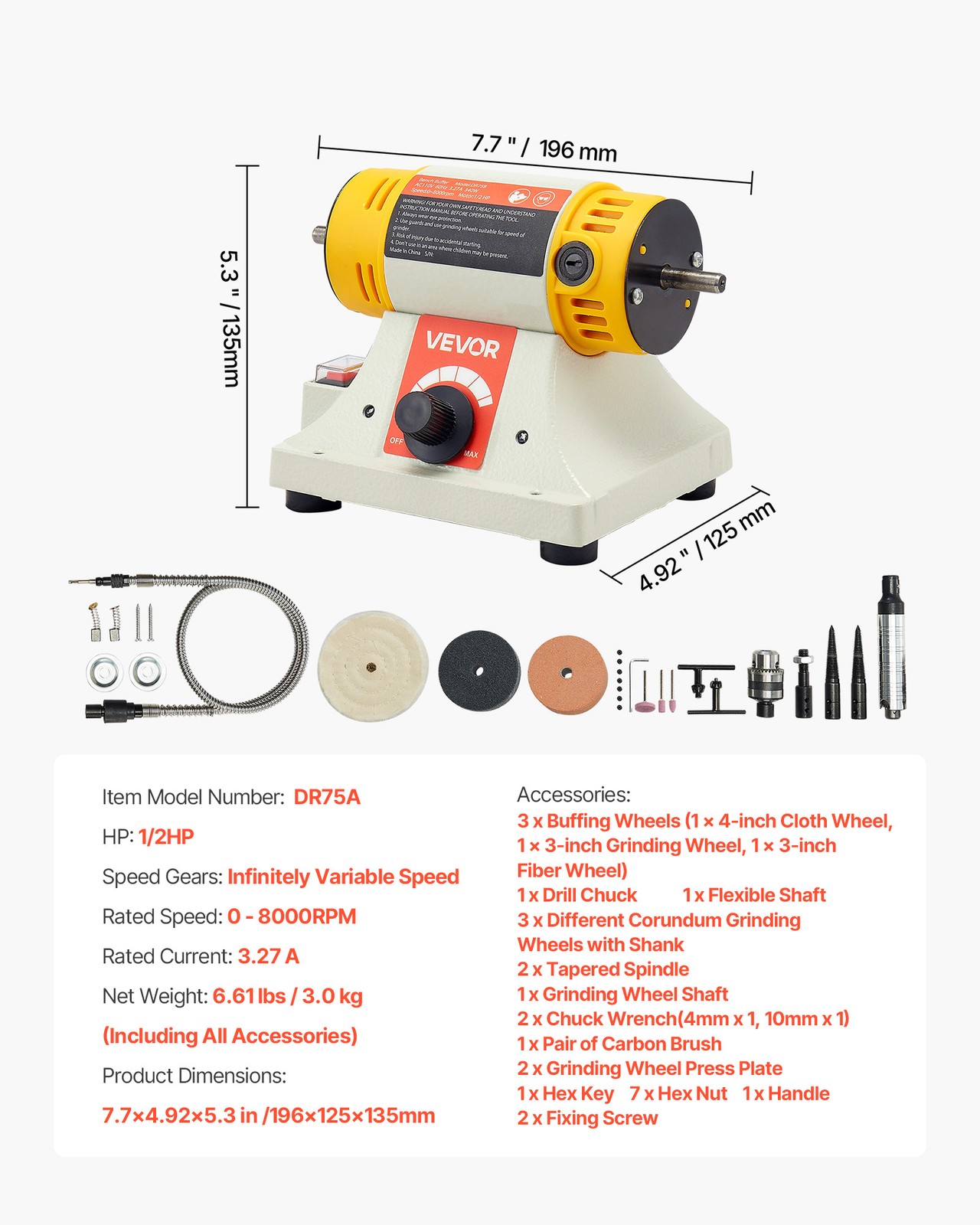 VEVOR 1/2HP Bench Buffer Polisher 0 to 8000RPM with 3-inch & 4-inch Wheels