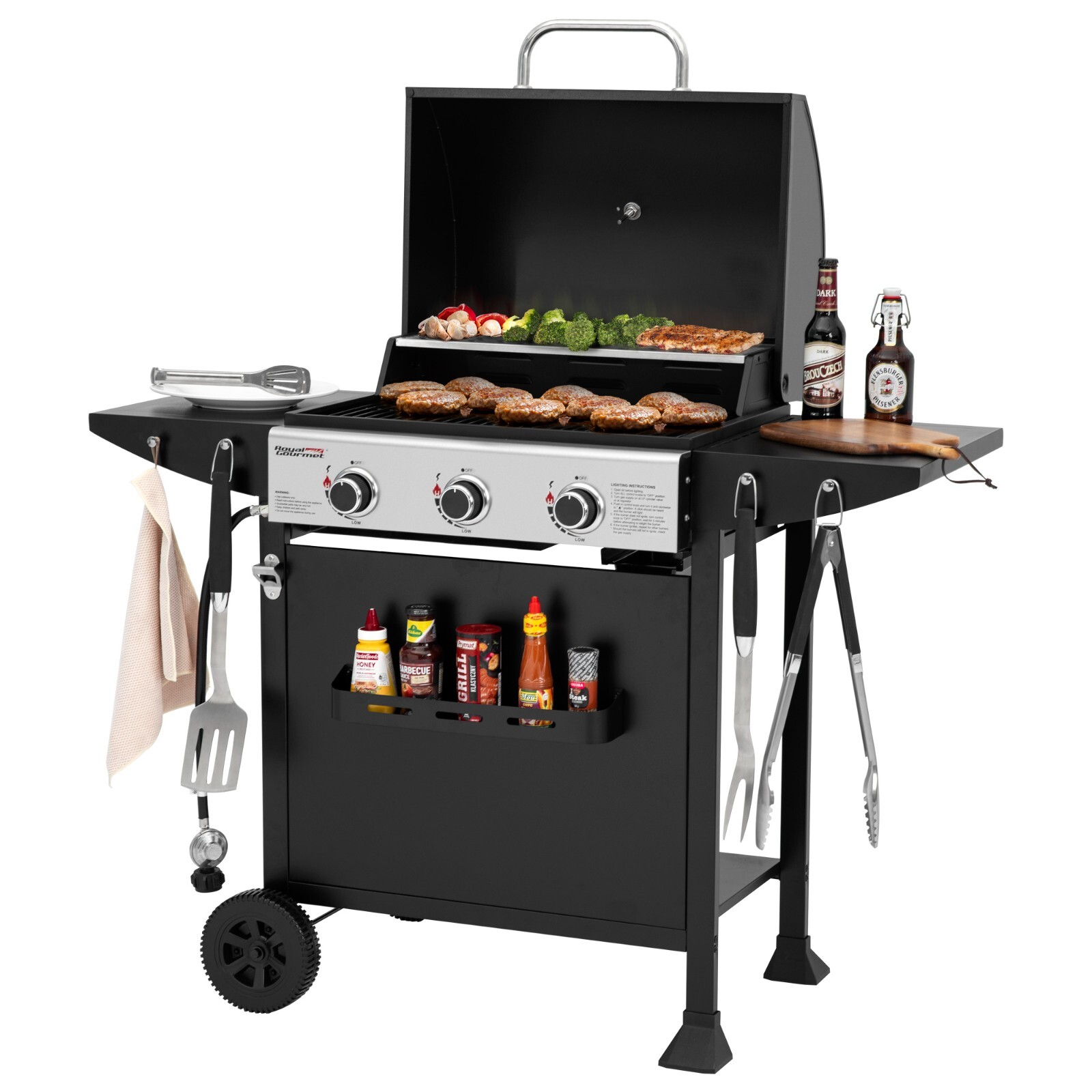 Royal Gourmet 3-Burner BBQ Liquid Propane Gas Gril lwith Front Spice Rack Black