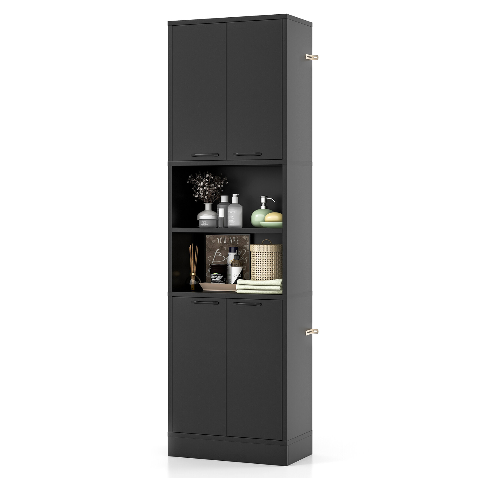 75″ Tall Bathroom Storage Cabinet Freestanding w/ 4 Doors & 2 Open Compartments