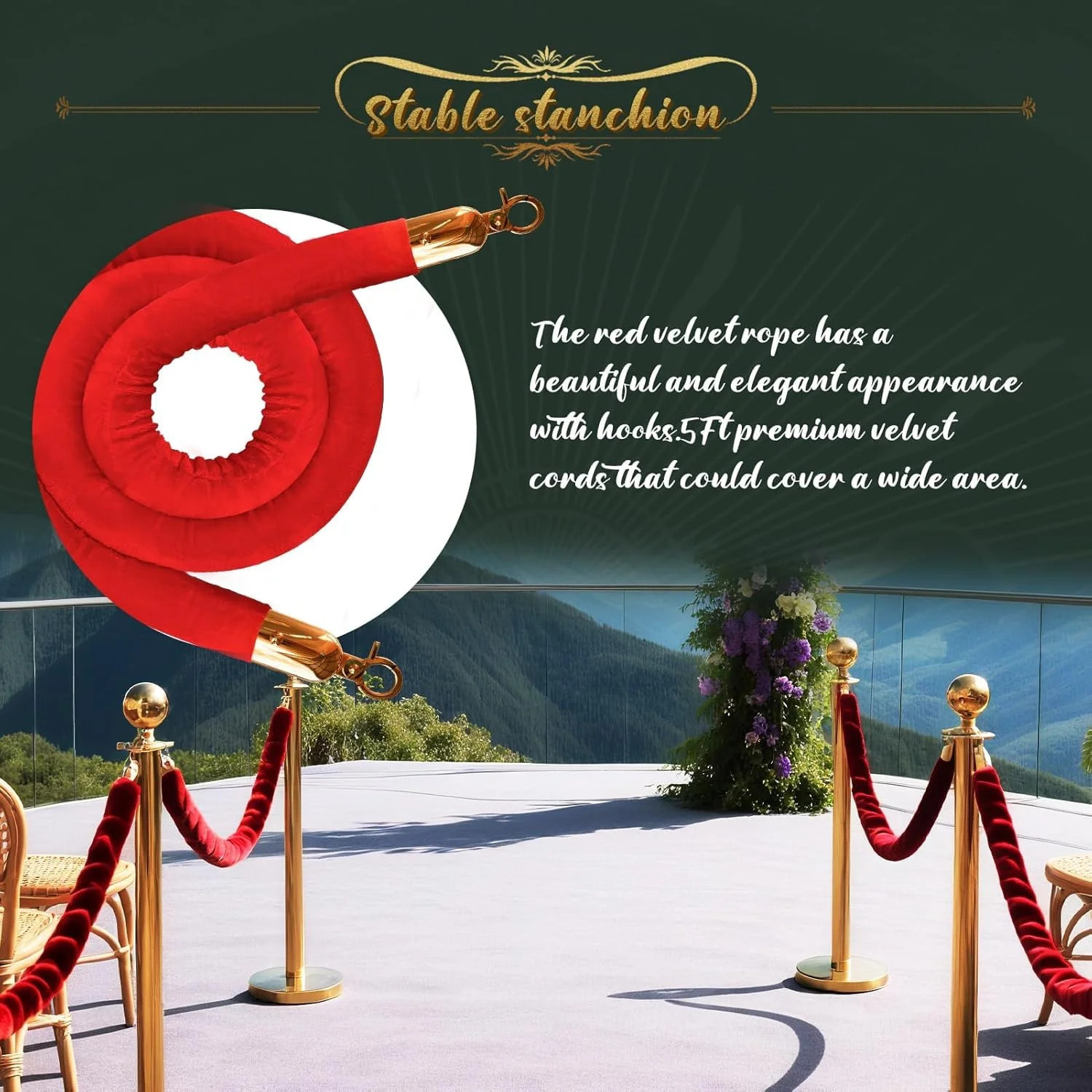 4 Pcs Gold Stanchions with Velvet Ropes with 3 Pcs 5 Ft Red Velvet Ropes Carpet