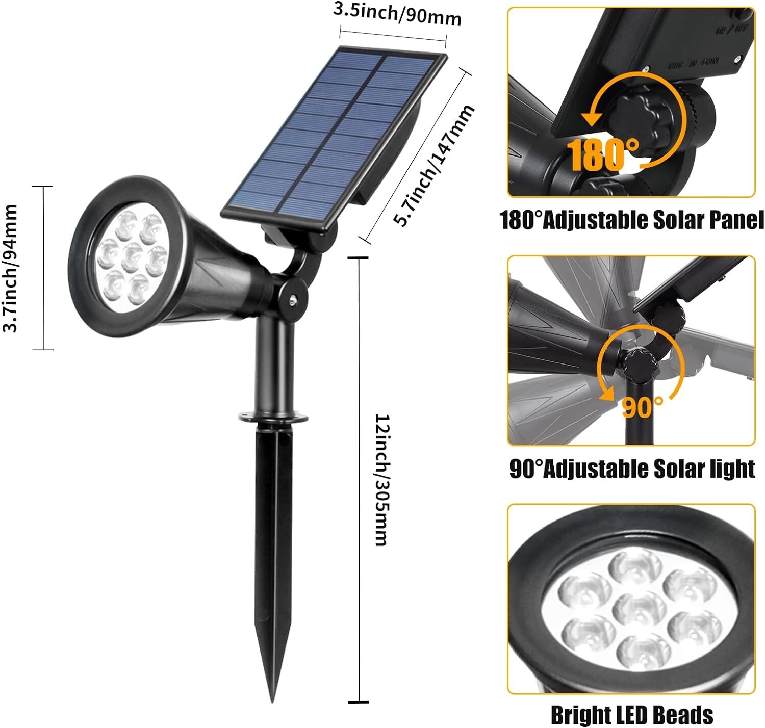 T-SUN 7 LED Solar Spotlights Super Bright Outdoor Security Garden Landscape Lamp