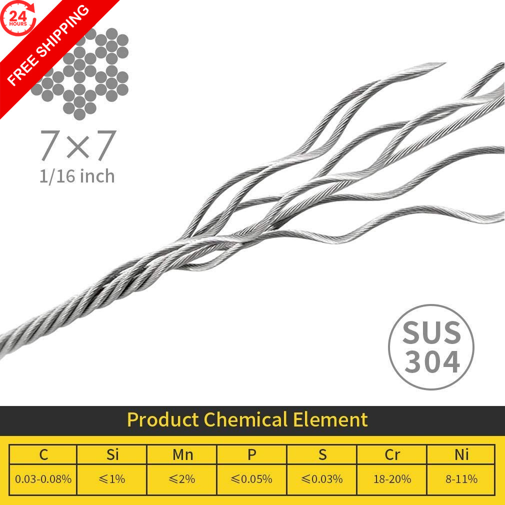 1/16 Wire Rope, 304 Stainless Steel Cable, Aircraft 328 Feet, Silver Gray