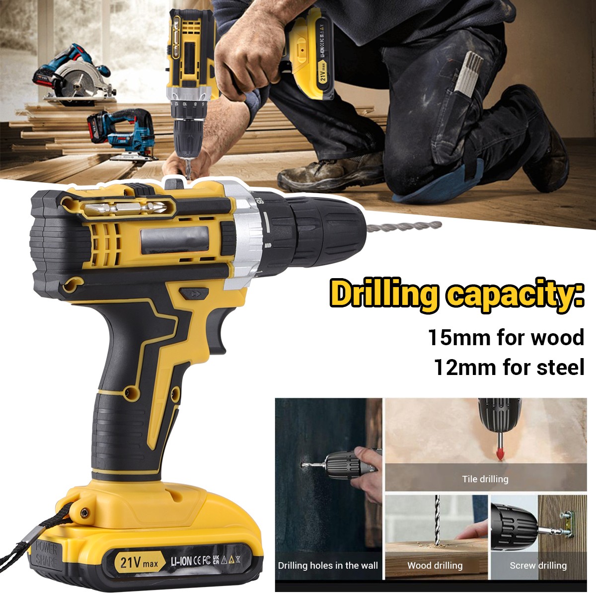 20V Electric Drill 3/8″ Power Cordless Screwdriver 22PCS Drill Set With Battery