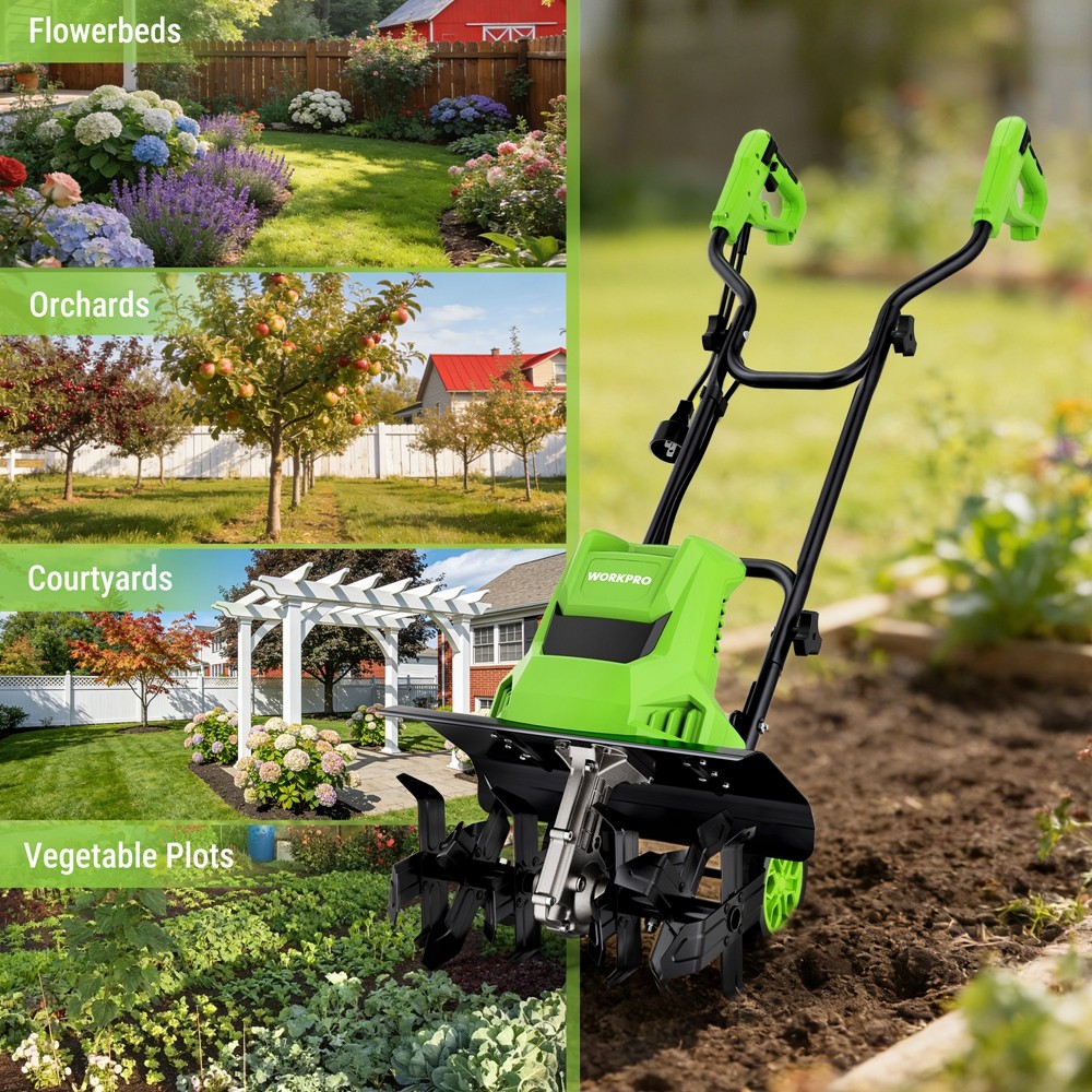WORKPRO 1500W Electric Tiller 12.5A Corded Cultivator w/6 Steel Tines 16″Wx8.7″D