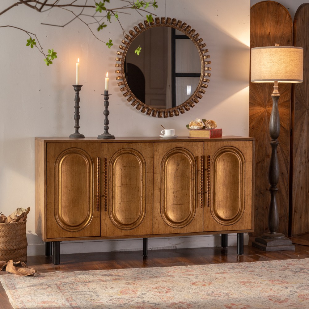 4 Door Sideboard Buffet Cabinet Solid Wood Arched Door Storage Console Table