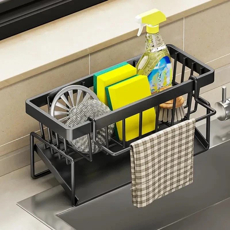 Black Plastic Kitchen Sink Sponge Organizer Rack with Towel Holder Rust Free