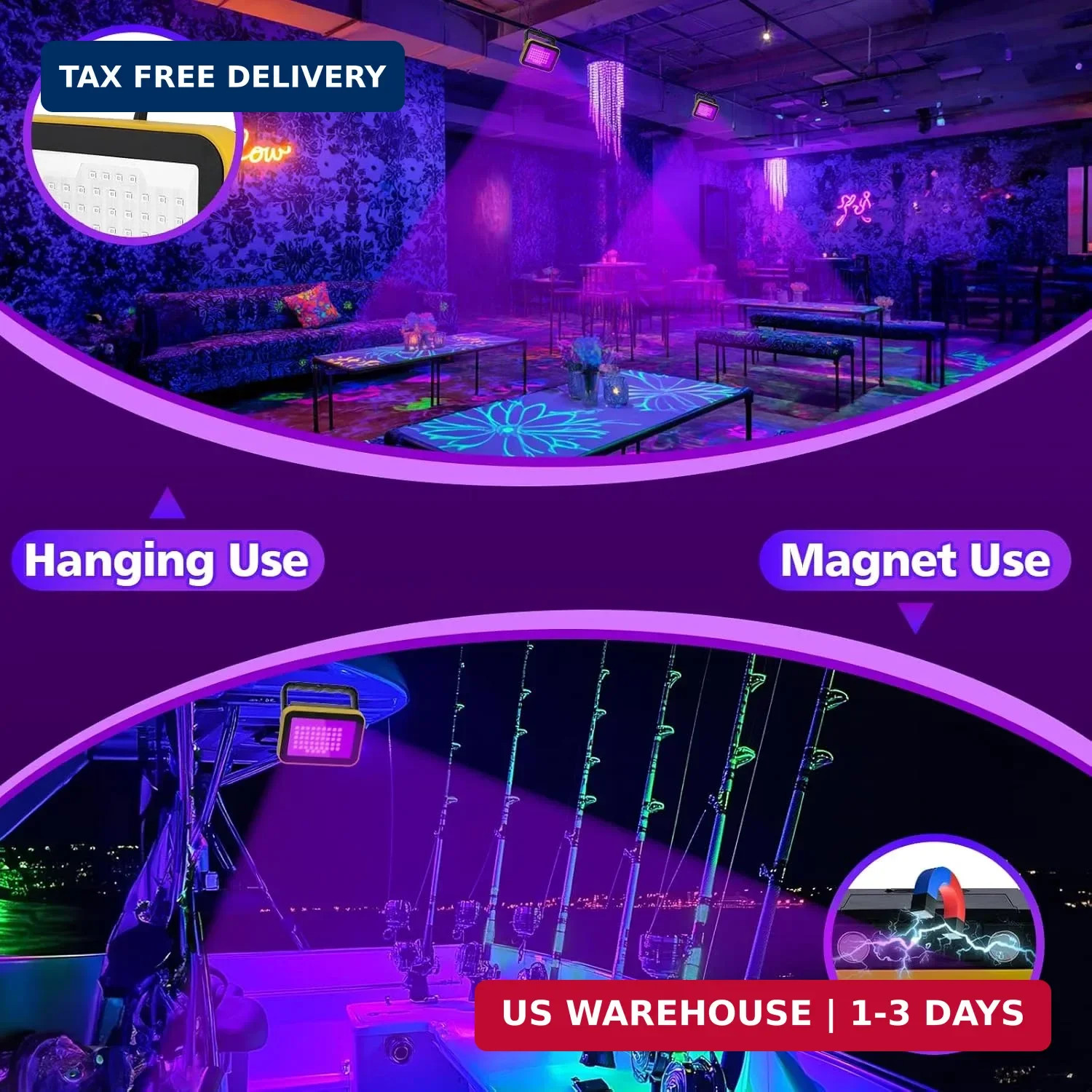 T-SUN Rechargeable LED Black Lights, Battery Powered Blacklight, 2 Pack LED Blac