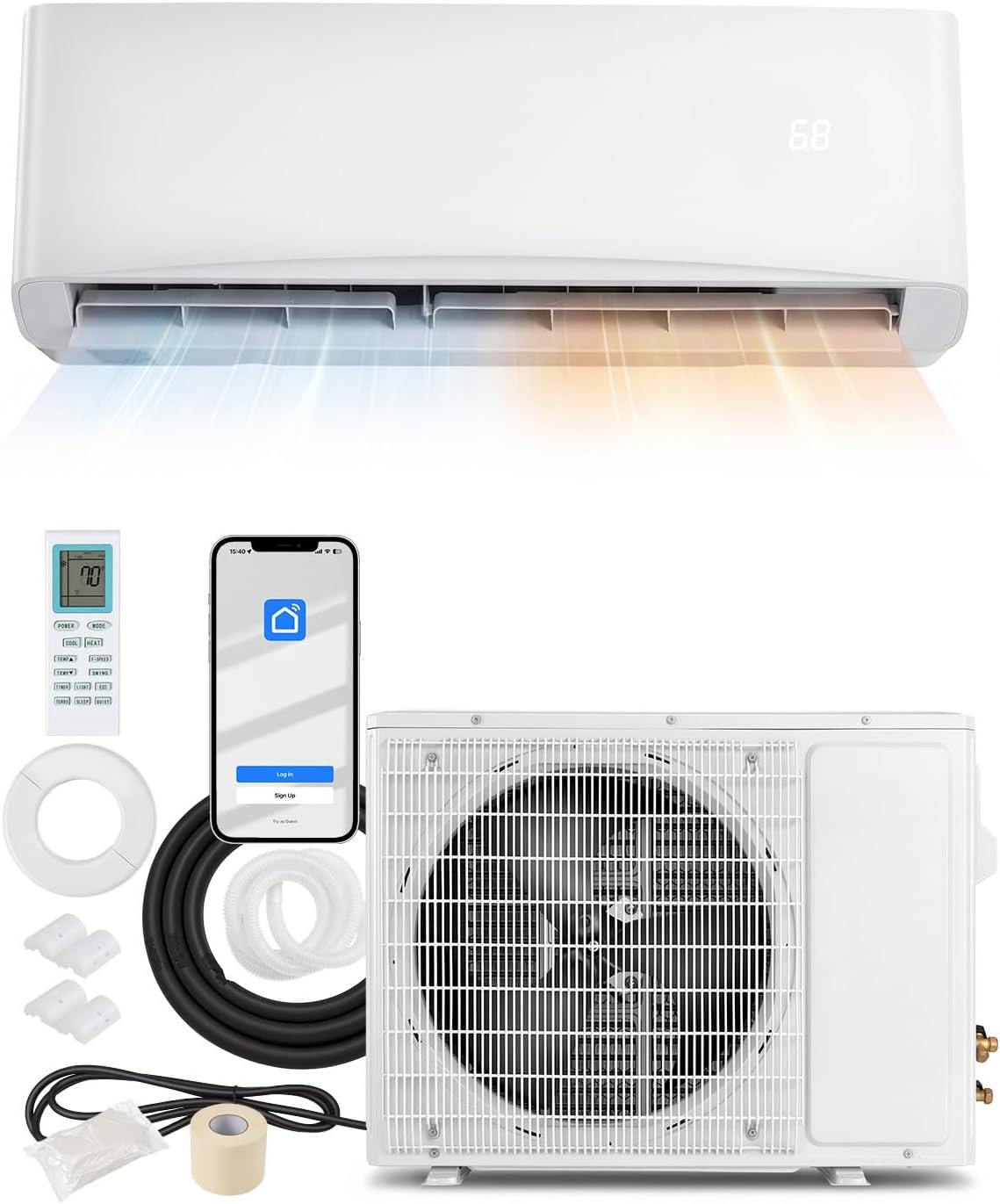 12000 BTU Mini Split AC, Wall Air Conditioner w/Heating Pump, WiFi & App Enabled