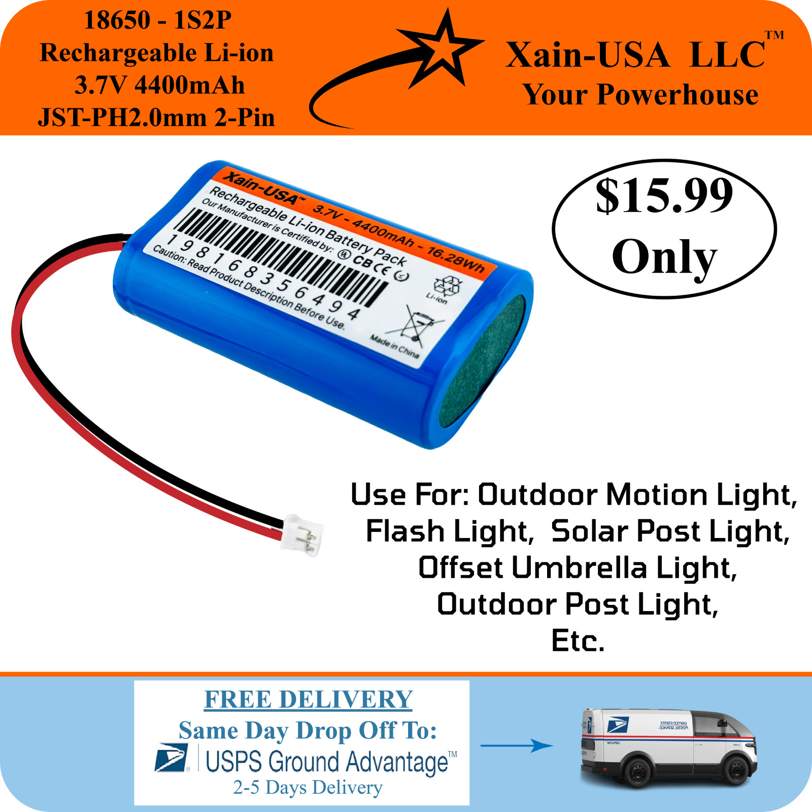 Xain-USA: 3.7V 4400mAh Rechargeable Li-ion Battery with JST-PH2 2-Pin Plug & BMS