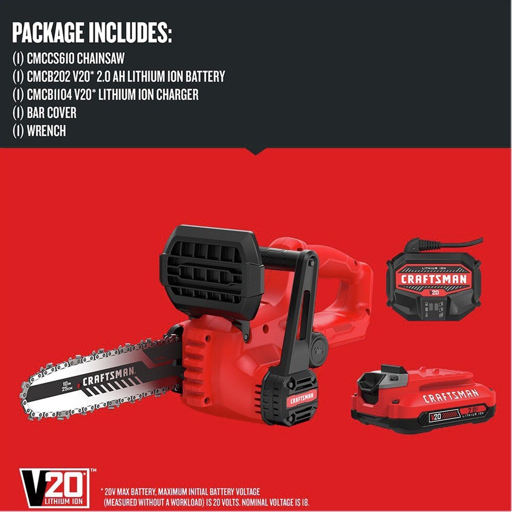 Craftsman CMCCS610D1R V20 Brushed 10″ Cordless Chainsaw Certified Refurbished