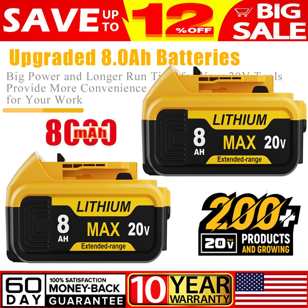 2PCS Lithium Battery For DeWalt 20V 20 Volt Max 8.0AH DCB205 DCB204 DCB200 NEW