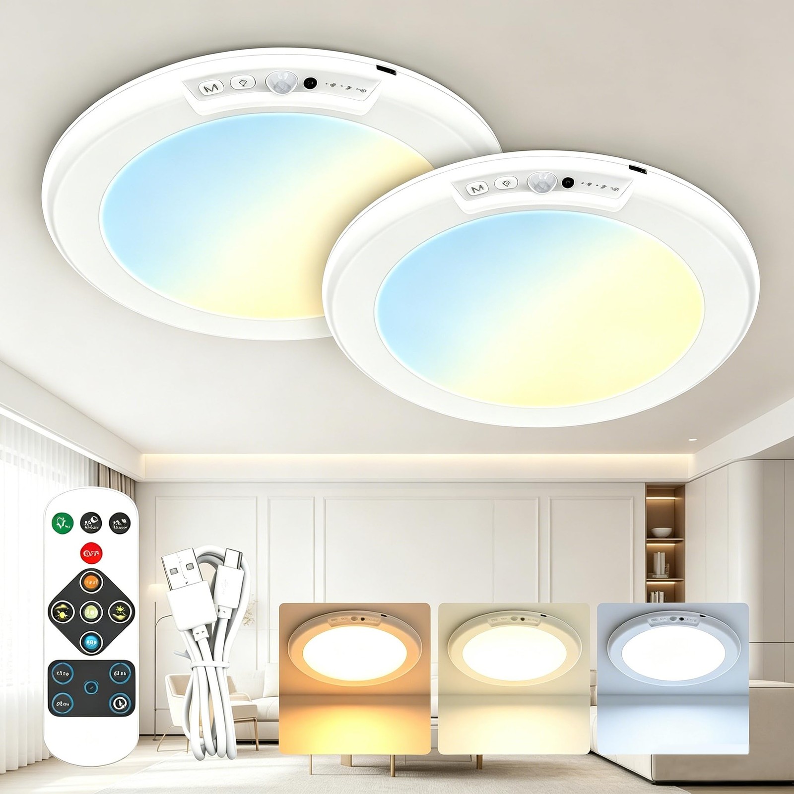 7.5in Rechargeable Motion Sensor Ceiling Light, 6000mAh, 3 Color Dimmable