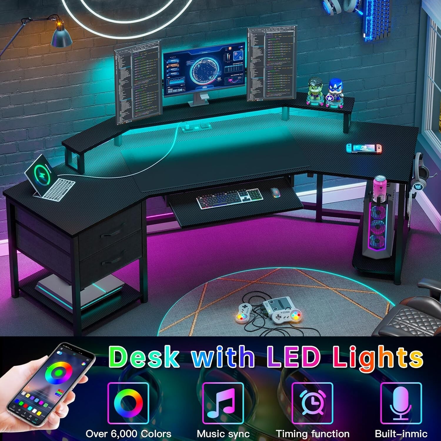 79″ L Shaped Gaming Desk w/Storage Shelf&LED Light Computer Desk for Home Office