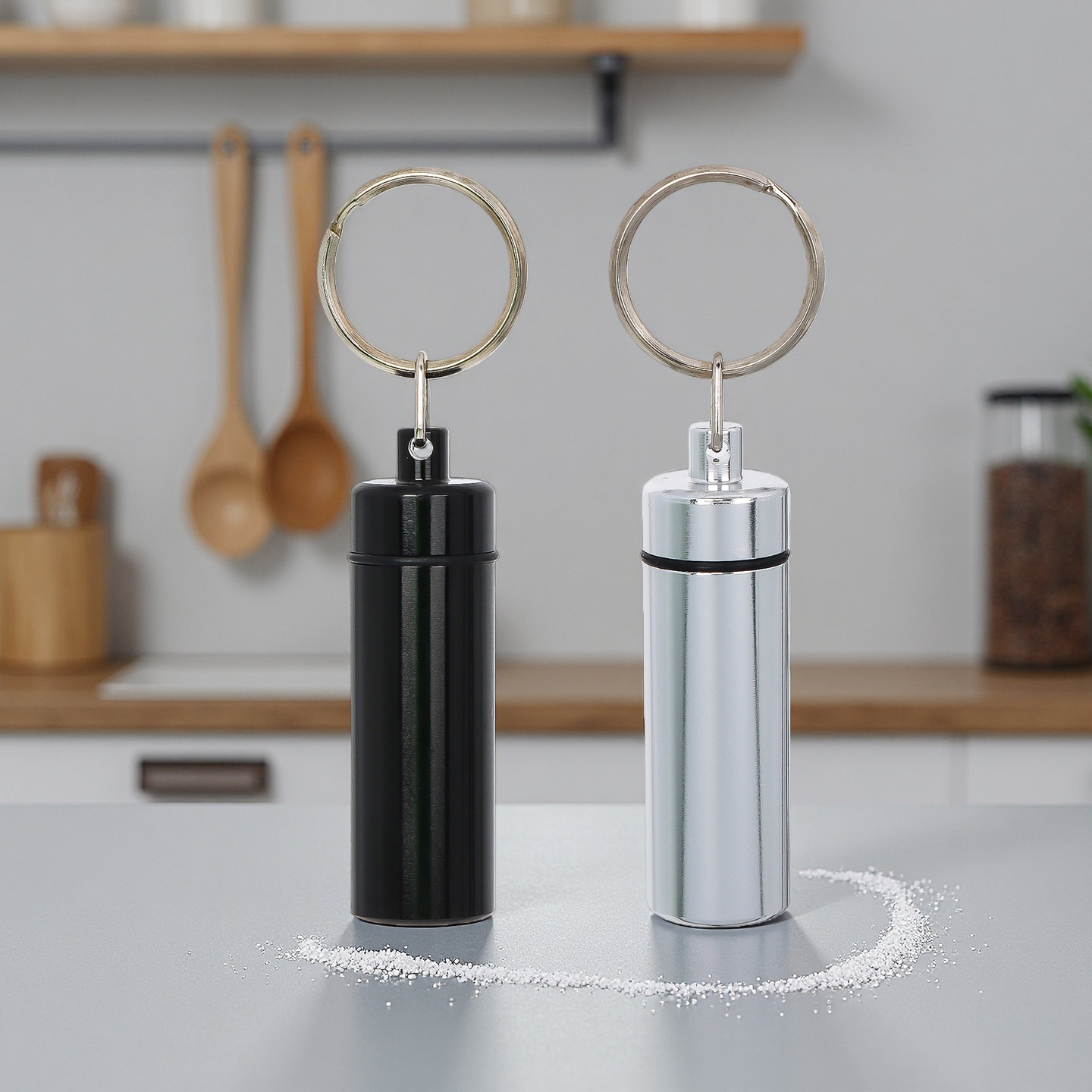 Travel Spice Container with Spoon – Mini Metal Vial Keychain Box 2Pack