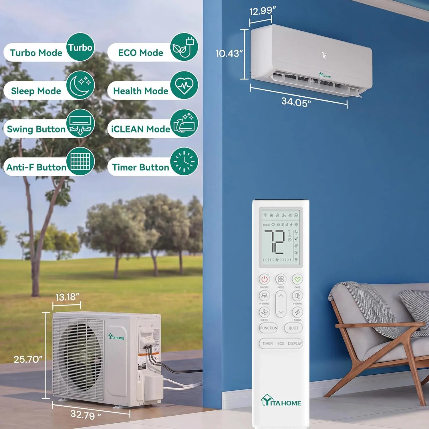 9000 BTU Mini Split AC/Heating System 115V 18 SEER2 Energy Efficient WiFi Alexa