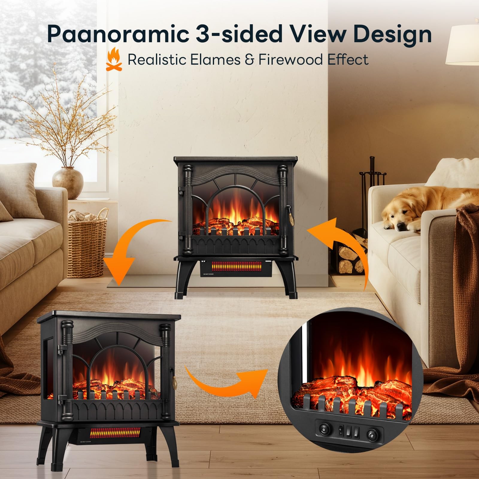 ZAFRO Freestanding Electric Fireplace Stove with Realistic Flame, 5100 BTU