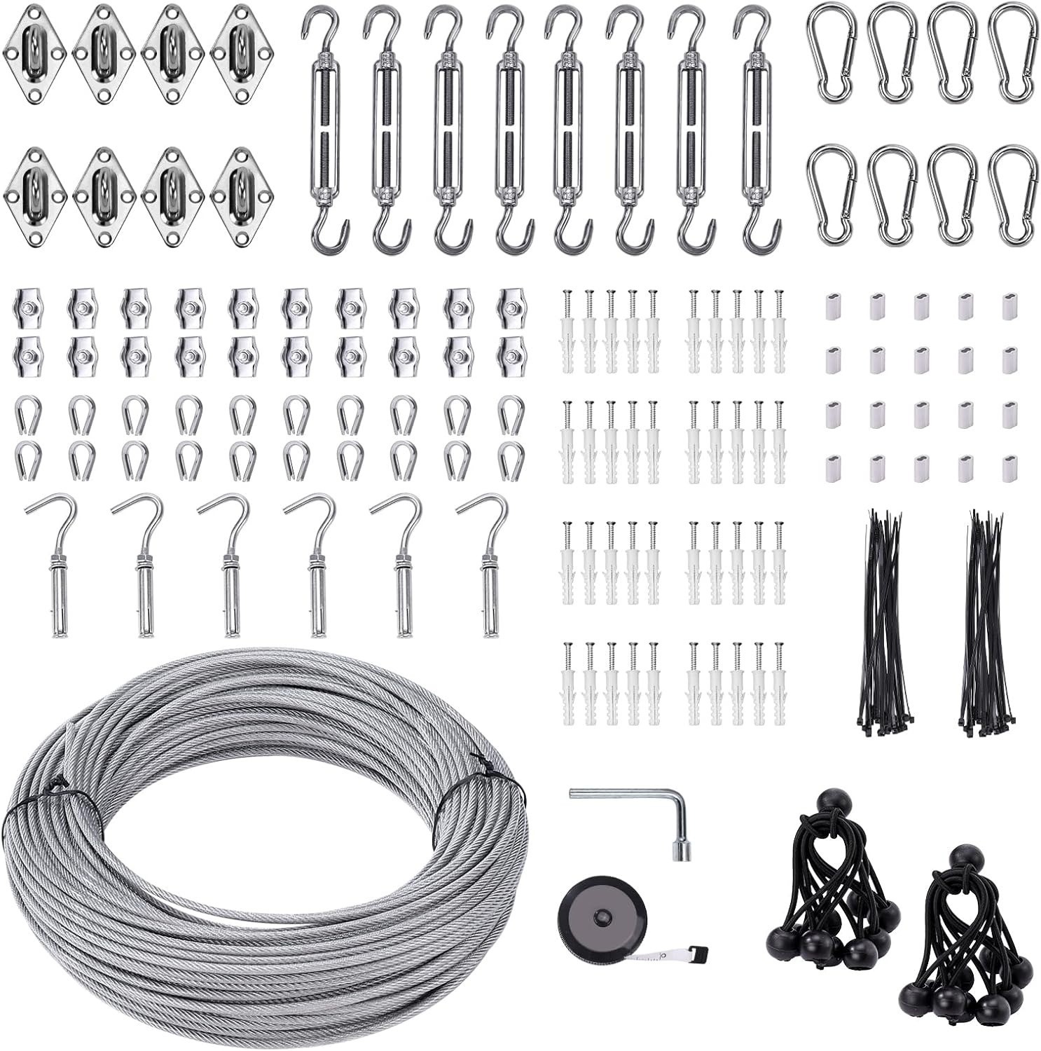 Sun Shade Sail Hardware Kit w/ 131ft Wire Rope Cable Turnbuckle Heavy Duty 243pc